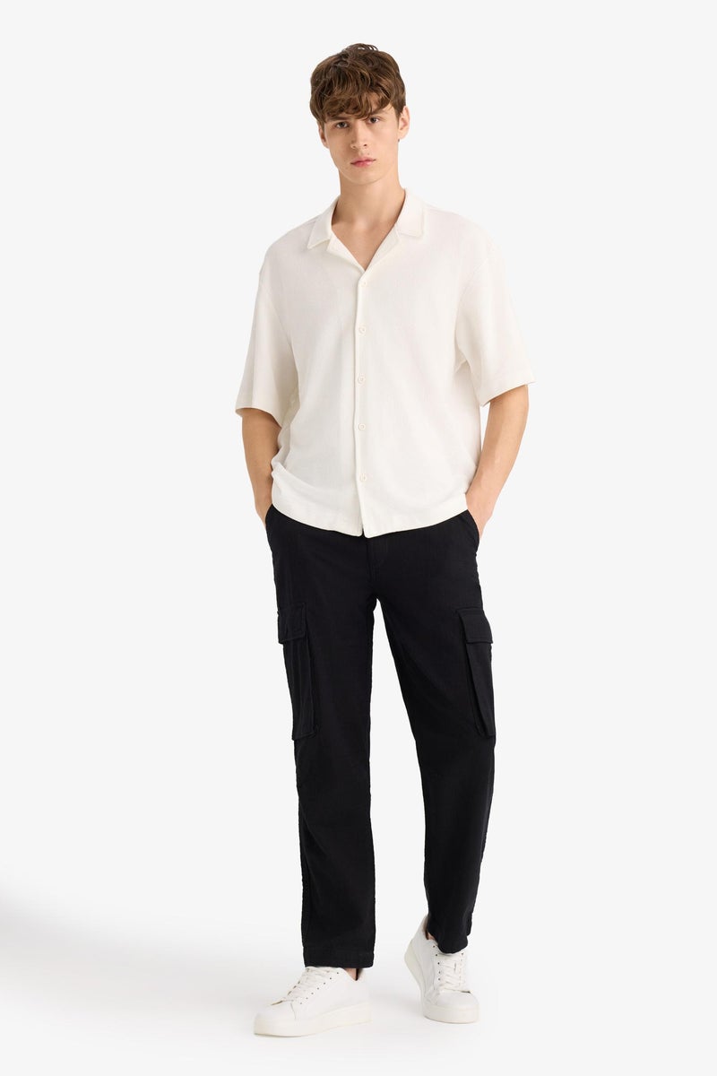DeFacto Black Man Relax Fit Linen Look Straight Leg Cotton  Trousers Casual - Image 1